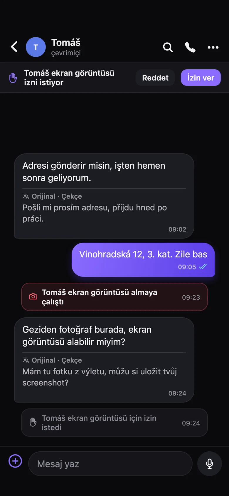 Drop sohbet ekranı: ekran görüntüsü izni ve Çekçe mesajın çevirisi