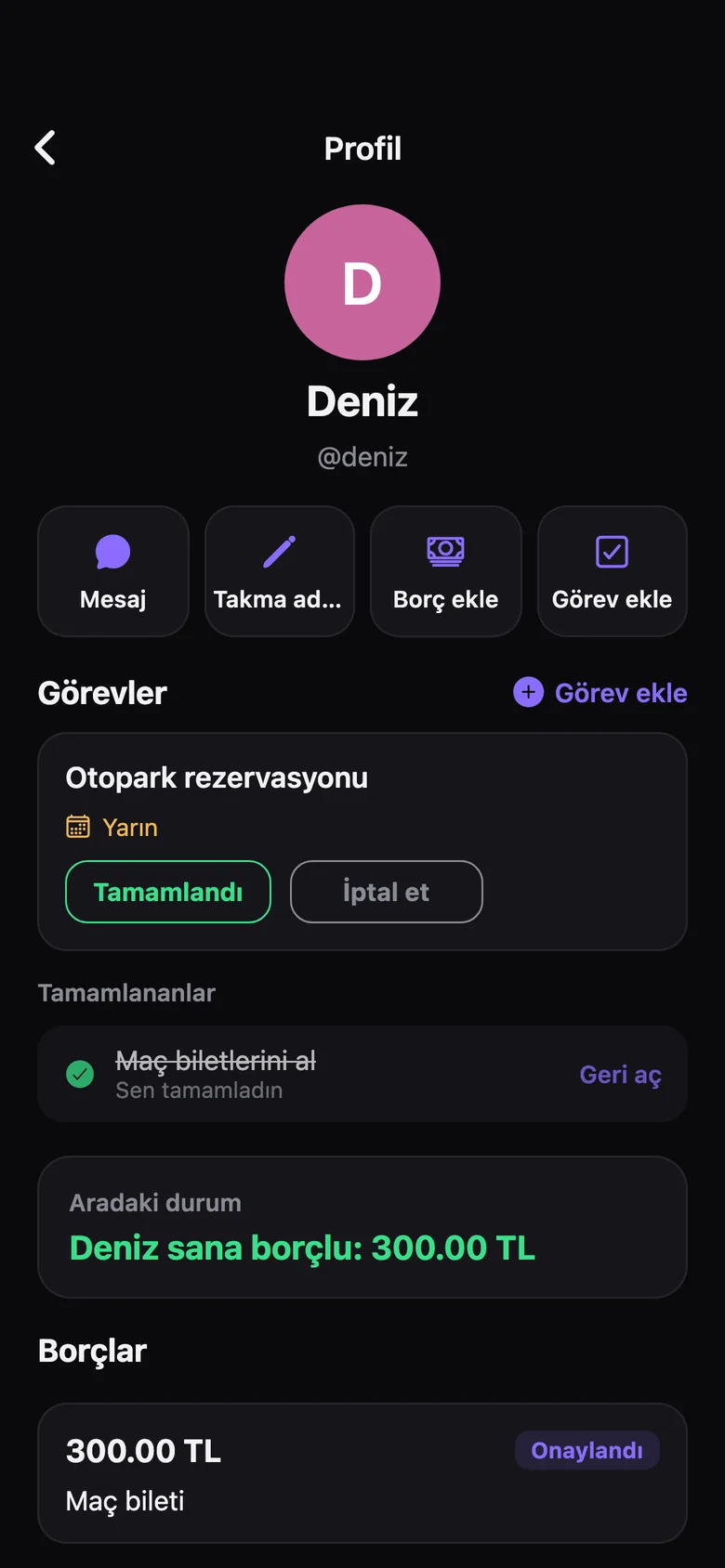 Drop profil ekranı: ortak görevler ve borç defteri